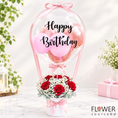 Roses Bouquet with Birthday Hot Air Balloon