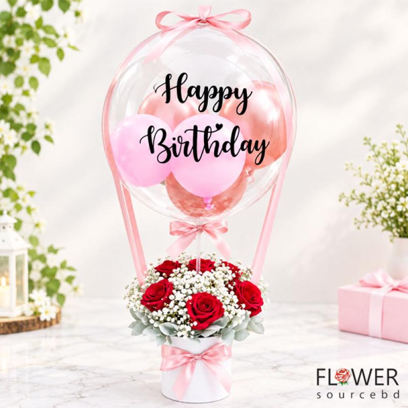 Roses Bouquet with Birthday Hot Air Balloon