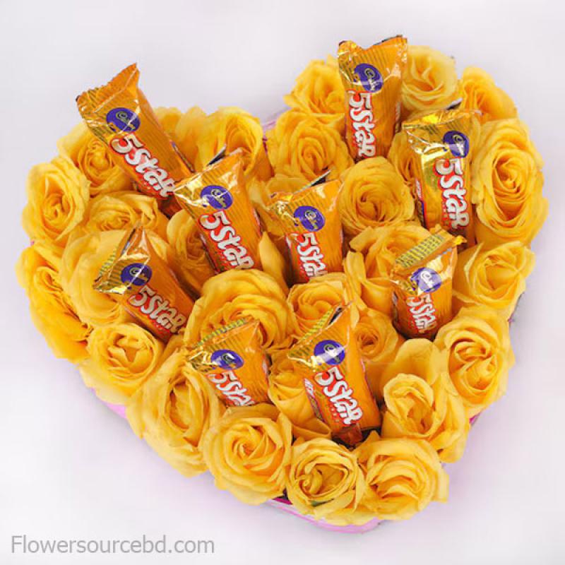 Yellow Roses & Chocolates in Heart-Shaped Box